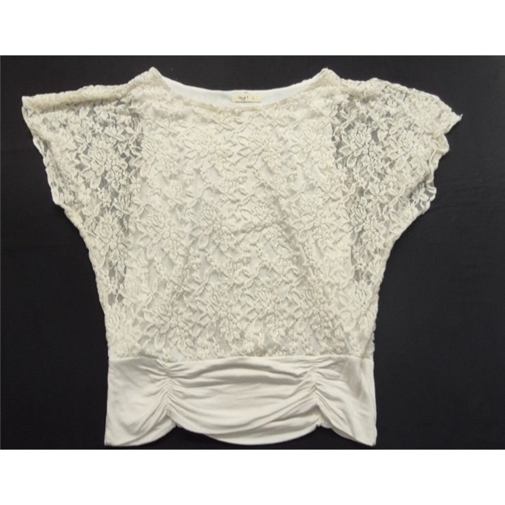 Love J women's white sheer lace top ruched hem waist Large blouse lined chic